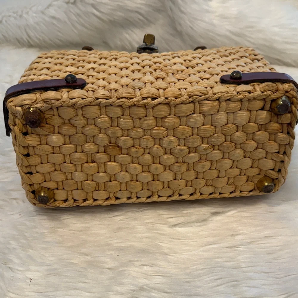 Vintage Straw Basket Handbag Leather Top Handle Metal Detail Cottagecor